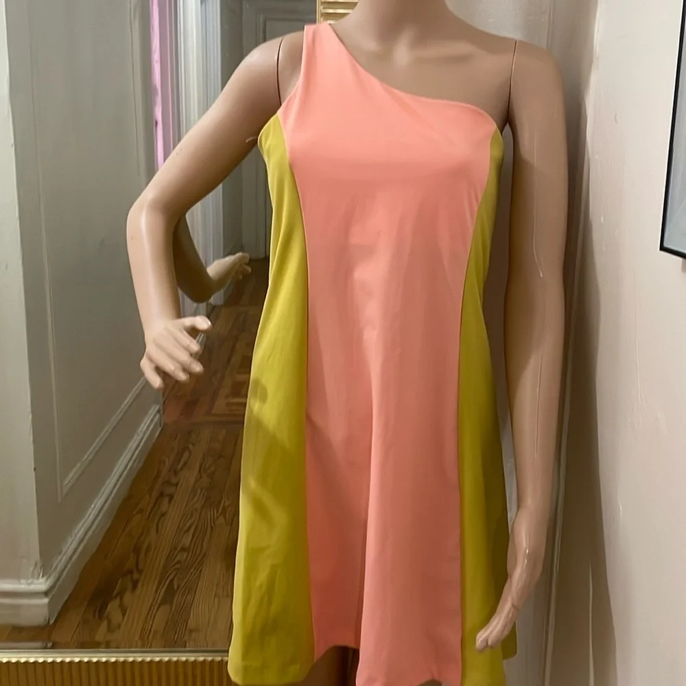 Outdoor Voices Pink and Yellow One Shoulder A-Line Dress